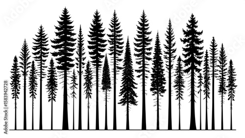 A grid of tall, narrow black tree silhouettes meant to evoke forest density, each one distinct but sharing a similar height. The overall feel is uniform and modern, with no background elements and sta