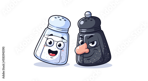 Cartoon salt shaker with glasses and pepper shaker with nose on white background illustration art style on transparent background