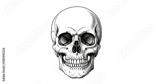 Detailed anatomical drawing of a human skull with visible teeth and eye sockets in black and white style on transparent background