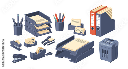Isometric view of office supplies including paper trays staplers pens and a paper shredder on a white background on transparent background