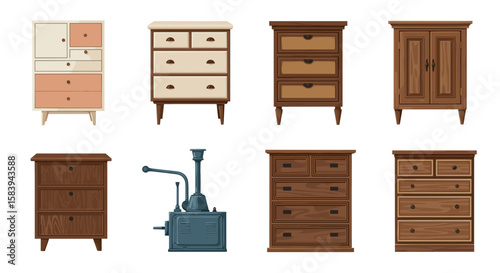 Illustration showcasing a collection of various dressers and a vintage water heater appliance design on transparent background