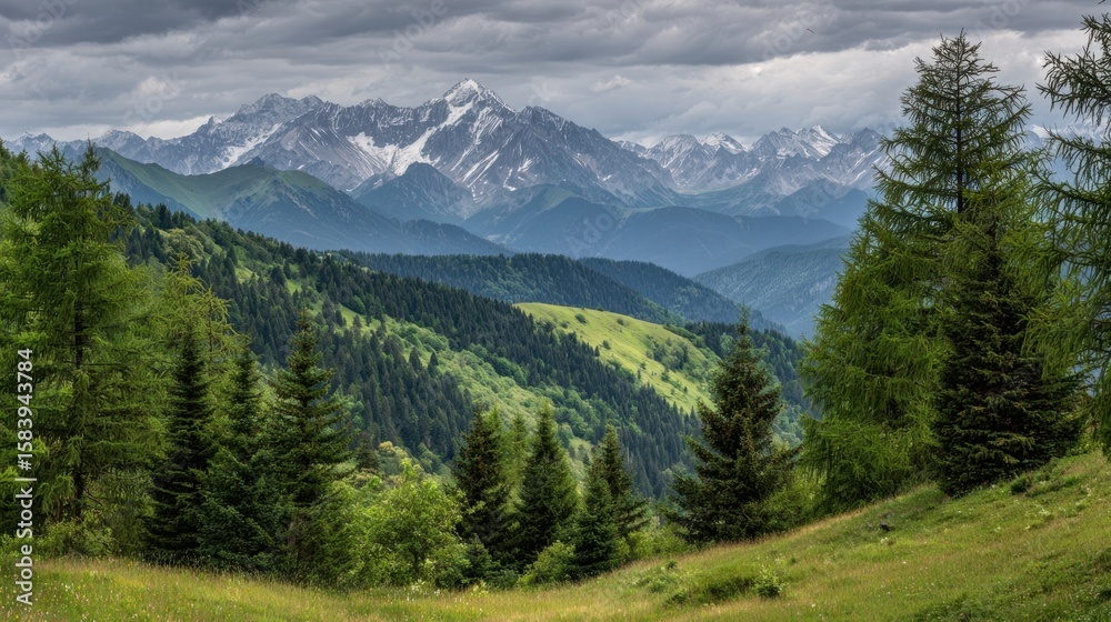 Fototapeta premium The majestic mountains rise above a lush green valley under dramatic skies.