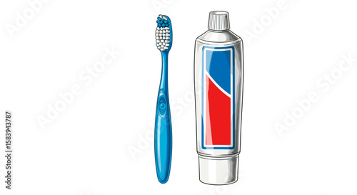 Illustration of a blue toothbrush standing upright next to a tube of toothpaste on a white background on transparent background