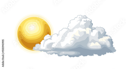 Illustration depicting a bright yellow sun partially obscured by a fluffy white cloud in a clear sky view on transparent background