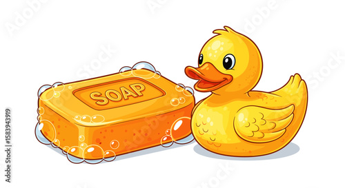 Cartoon illustration of a yellow rubber ducky next to a bar of soap with visible bubbles and soap text on transparent background