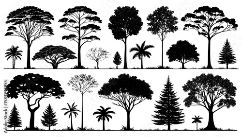 A symmetrical grid of tree silhouettes representing various global climates—tropical, temperate, desert, boreal—all in solid black. The trees are depicted without depth or shading, just bold shape out