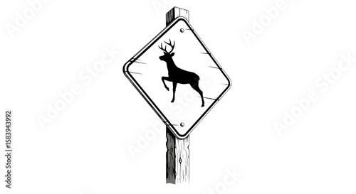 Illustration of a diamond shaped deer crossing sign mounted on a wooden post in black and white style on transparent background