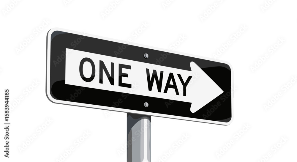 A black and white one way street sign with an arrow pointing to the right on a metal pole outdoors on transparent background
