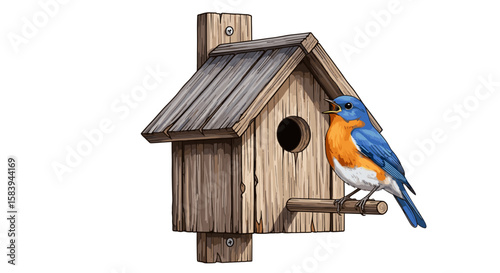 A bluebird perched on a wooden birdhouse with a round entrance hole and a weathered roof structure design on transparent background