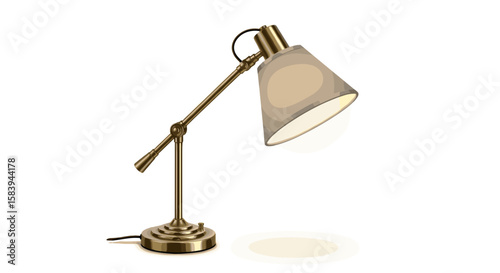 A desk lamp with a brass finish and a conical lampshade is positioned on a white surface at an angle on transparent background