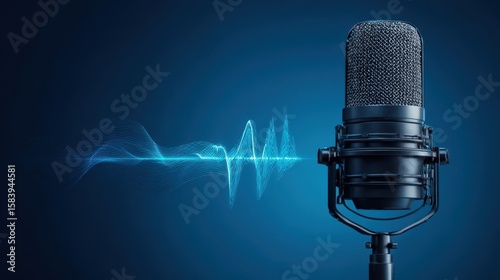 The microphone with sound waves against a vibrant blue background