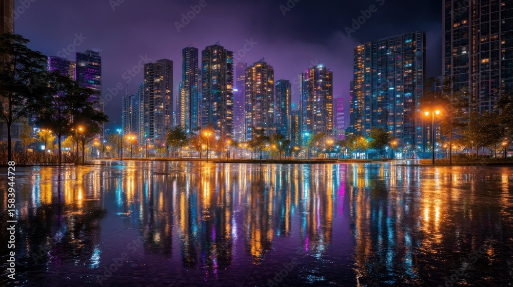 Obraz premium Vibrant cityscape reflection at night rain wet park setting