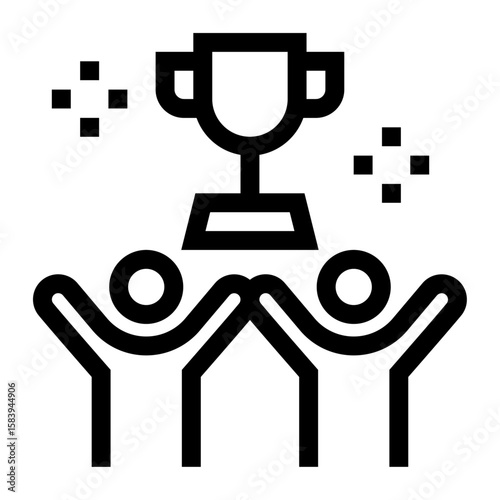 Icono de motivación grupal. Logro compartido y trabajo en equipo. Personas levantando trofeo juntos. Ilustración vectorial
