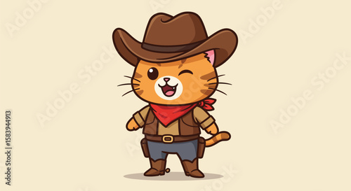 Cute Cartoon Cat Wearing a Cowboy Hat and Outfit in the Wild West