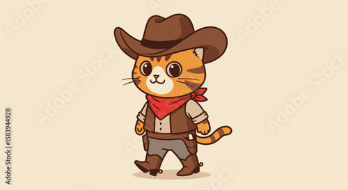 Cute Cartoon Cat Wearing a Cowboy Hat and Outfit in the Wild West