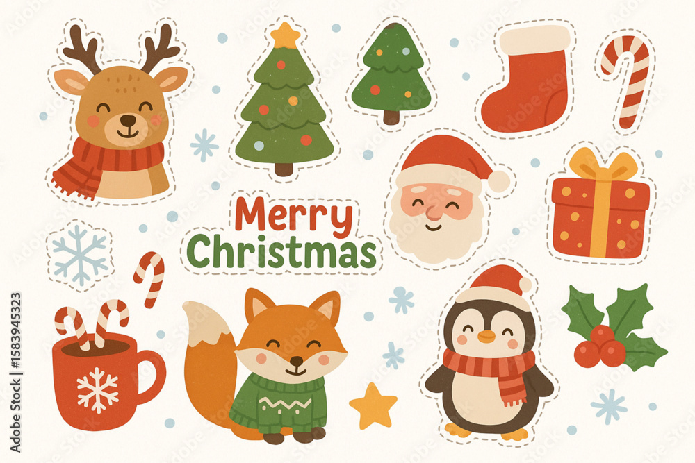 Fototapeta premium Cute Christmas Winter Stickers Collection with Animals and Holiday Elements for Scrapbooking