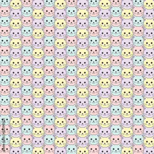 Kawaii pattern of cat faces in pastel tones