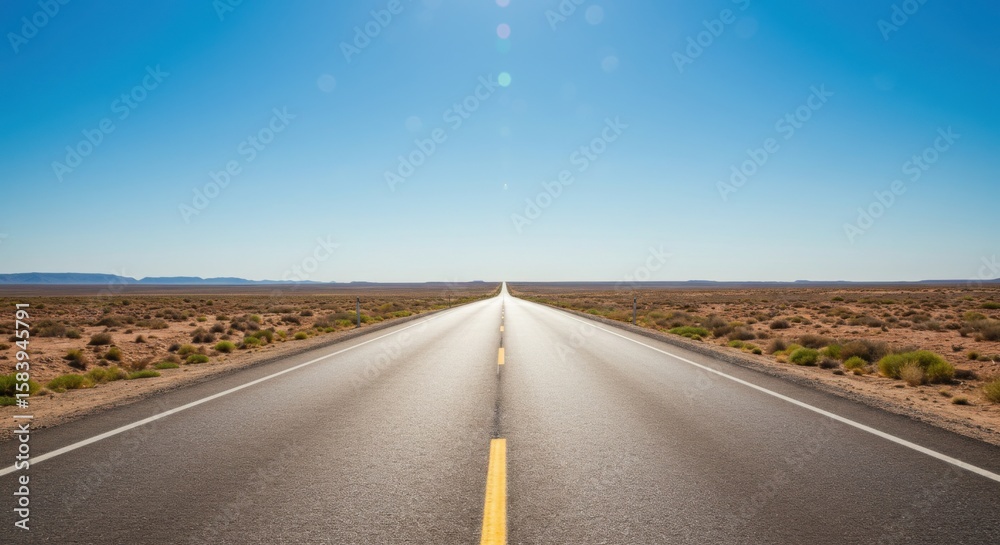 Naklejka premium Open highway stretching through desert landscape under clear blue sky 