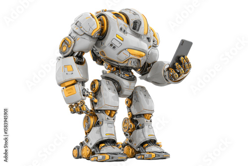 robot using phone isolated on transparent background