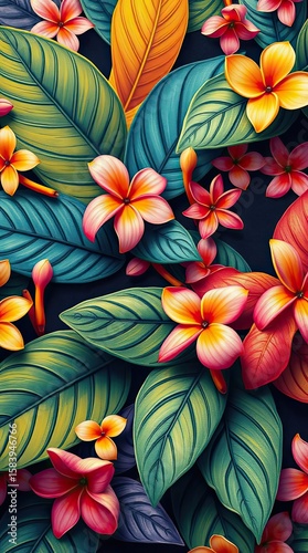 Wallpaper Mural Tropical floral arrangement with vibrant blossoms and lush foliage against a dark, neutral background. Torontodigital.ca
