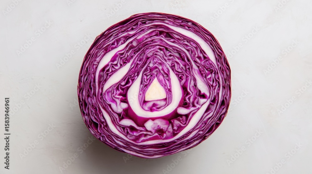 Fototapeta premium Sliced Red Cabbage Creating a Symmetrical Mandala Pattern With an Open Top View Highlighting Vibrant Colors and Textures