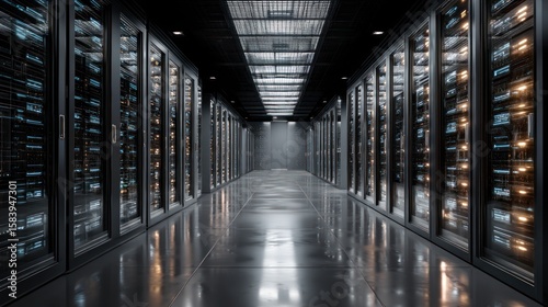 Modern server room corridor dark interior data center technology