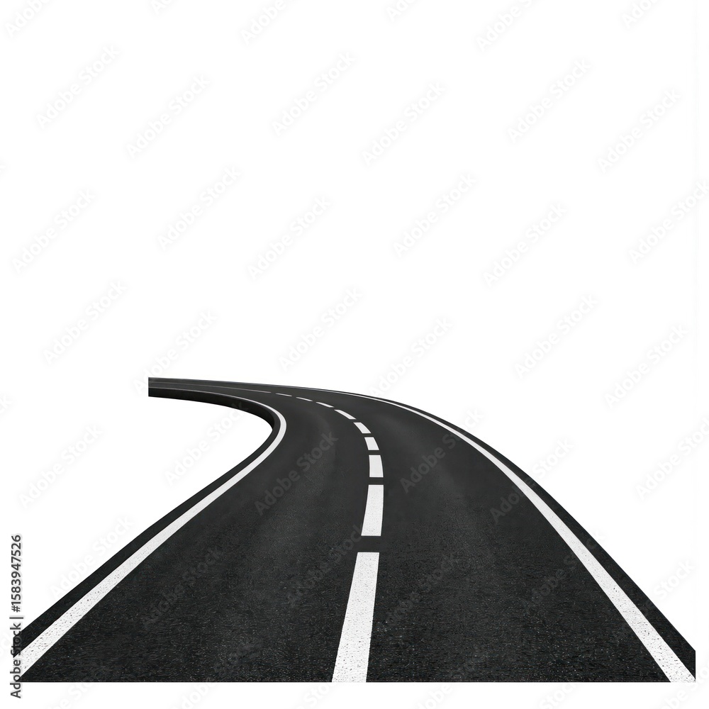 Obraz premium Curved asphalt road with white stripe. Black pavement leads to distance. Empty landscape, sky visible through gap, creates sense of movement and openness.