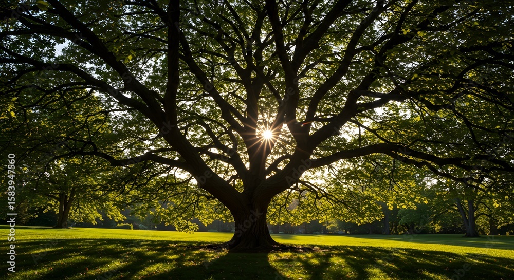 Obraz premium Sunburst through a large tree with green leaves in a park on a sunny day casting shadows on the grass