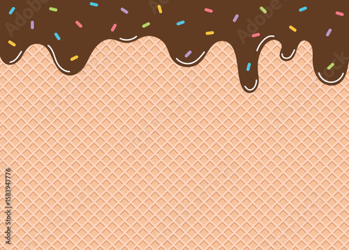A delicious waffle cone background topped with dripping chocolate and colorful sprinkles. Perfect for ice cream-themed design, candy shop branding, or sweet treat promotions.