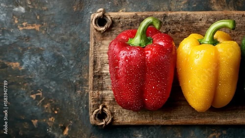 Three colorful bell peppers on a rustic wooden board, glistening with water droplets