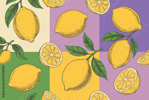 Fresh lemons with leaves create a bright, citrusy and cheerful seamless repeat pattern on multicolored squares for summer designs.