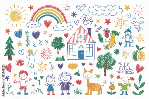 Whimsical childlike doodle collection features rainbow, sun, house, trees, and happy children drawn in a colorful crayon style.