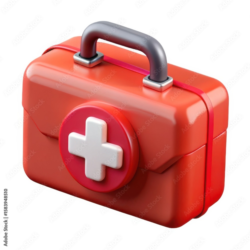 Fototapeta premium Red first aid kit with white cross symbol isolated on white background