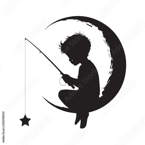 A silhouette of a boy fishing for a star while sitting on the moon creates a whimsical and dreamy scene, isolated on white background