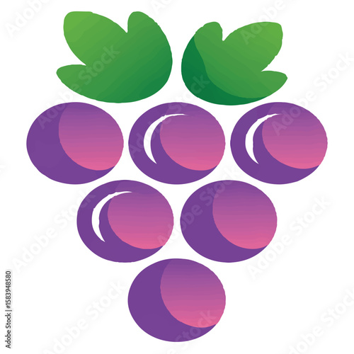 A bunch of purple grapes with green leaves is isolated on white background, creating a visually appealing and nutritious fruit image