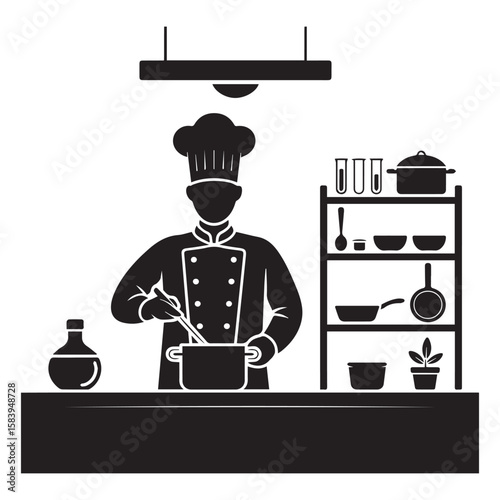 A chef in silhouette prepares a meal in a professional kitchen, showcasing culinary expertise and the art of cooking