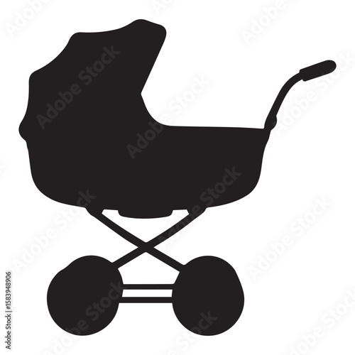 A sleek silhouette of a baby stroller isolated on white background symbolizes new beginnings, parenthood, and the joy of taking a leisurely walk with your little one Vector Art