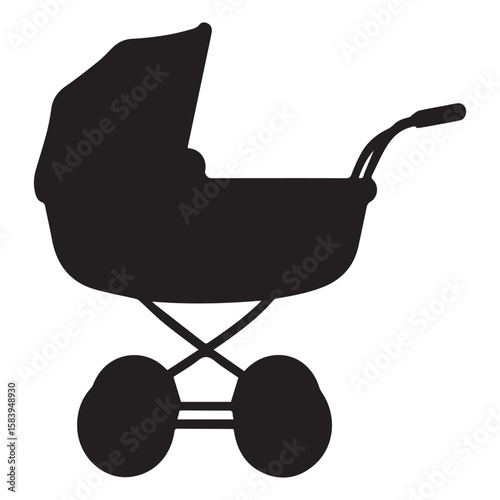 A sleek silhouette of a baby stroller isolated on white background symbolizes new beginnings, parenthood, and the joy of taking a leisurely walk with your little one