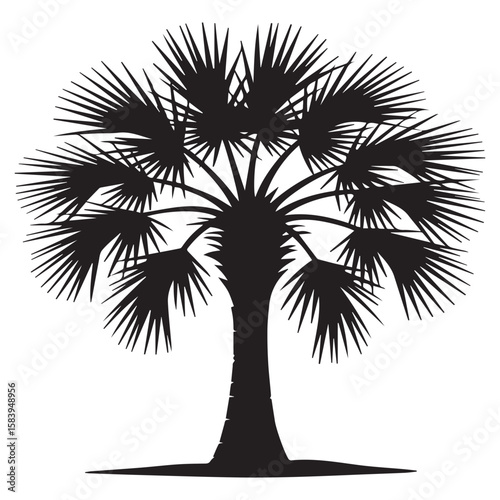 A striking silhouette of a palm tree isolated on white background evokes a sense of tropical paradise, perfect for conveying summer vacation vibes and beach getaways