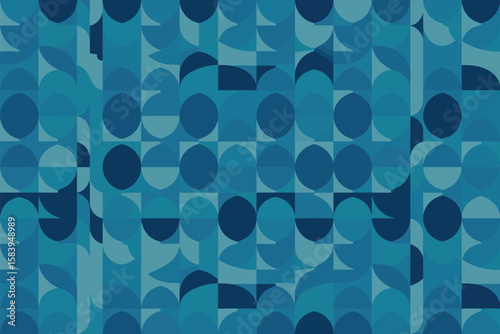 Attractive blue geometric mosaic features circles, squares, and semicircles in various tones for a modern abstract.