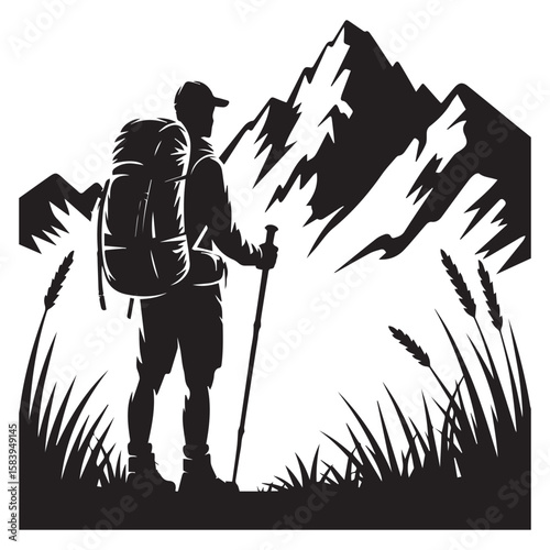 A silhouette of a hiker with a backpack gazing at a majestic mountain range, capturing the spirit of adventure, exploration, and the allure of nature isolated on white background