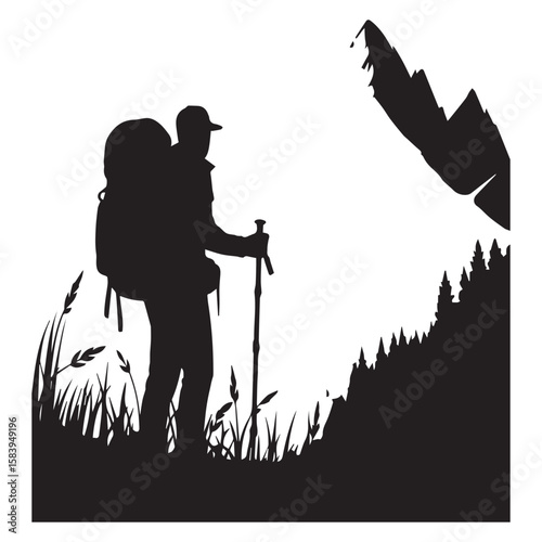 A silhouette of a hiker with a backpack trekking through a mountain landscape, embodying adventure, exploration, and the beauty of nature isolated on white background