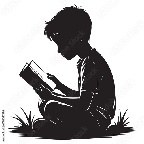 A silhouette of a young boy is reading a book while sitting on the grass, bathed in the soft light, isolated on white background