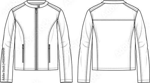 Unisex Biker Jacket. Technical fashion flat sketch. Front and back, white colour. Women's CAD mock-up