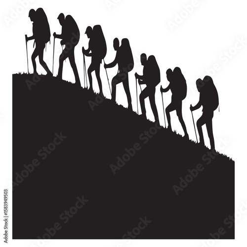 A silhouette of a group of hikers ascending a mountain, isolated on white background, symbolizing adventure, teamwork, and the pursuit of challenging goals