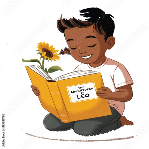 A cute boy is reading a book with a sunflower growing out of it, illustrating the adventures of leo