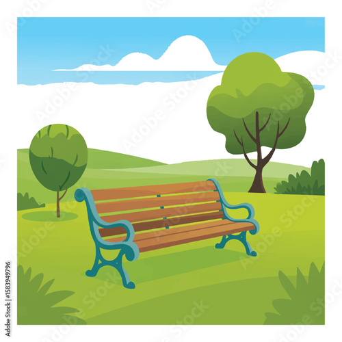 A serene park scene features a wooden bench under a blue sky with fluffy clouds, inviting relaxation and tranquility in nature