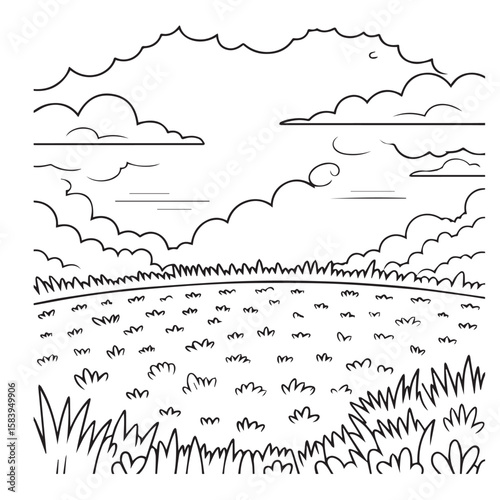 A serene landscape illustration depicts a grassy meadow under a cloudy sky, evoking a sense of peacefulness and tranquility