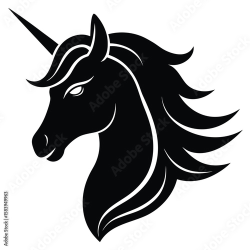  unicorn head in side profile, featuring a long spiral horn, flowing mane, and graceful facial features, minimalist vector illustration isolated on white background