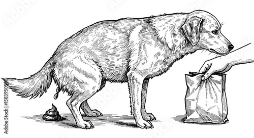 Vintage ink sketch dog pooping and paper bag in hand for poop cleanup – hand drawn black and white illustration doodle vector, engraving svg